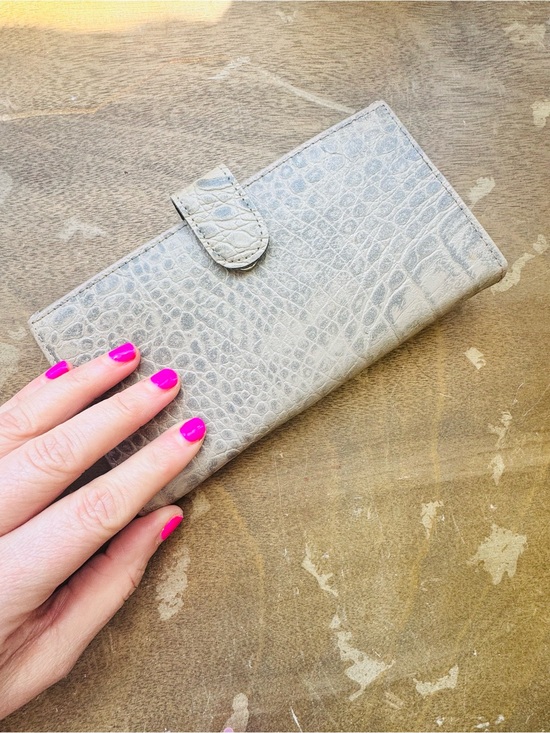 Handbags - Vintage Croc-Embossed Light Gray Leather Checkbook Wallet with Calculator